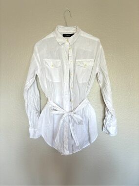 Lauren Ralph Lauren 100% Linen White Linen Button-Front Shirt w/ Waist Tie Chic